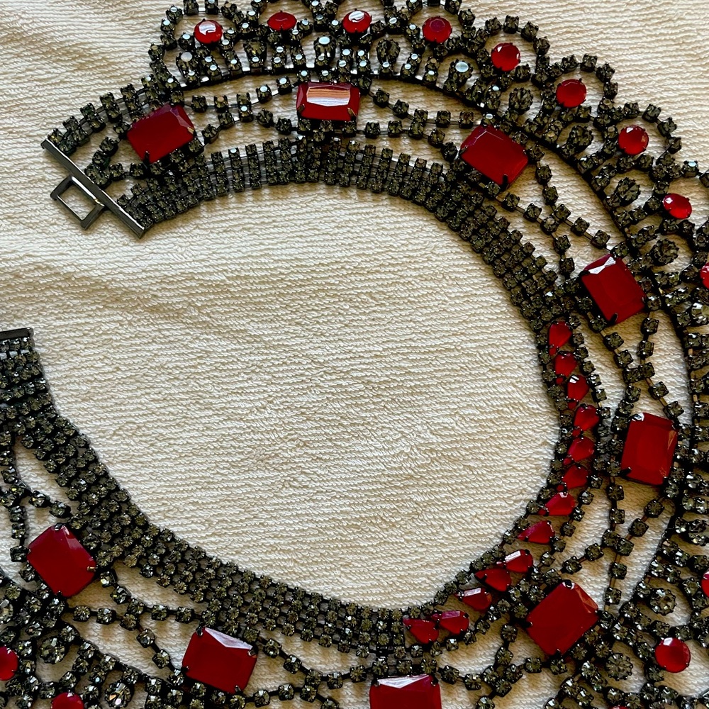 BCBG Gunmetal Multi-Row Necklace with Red Gemstones